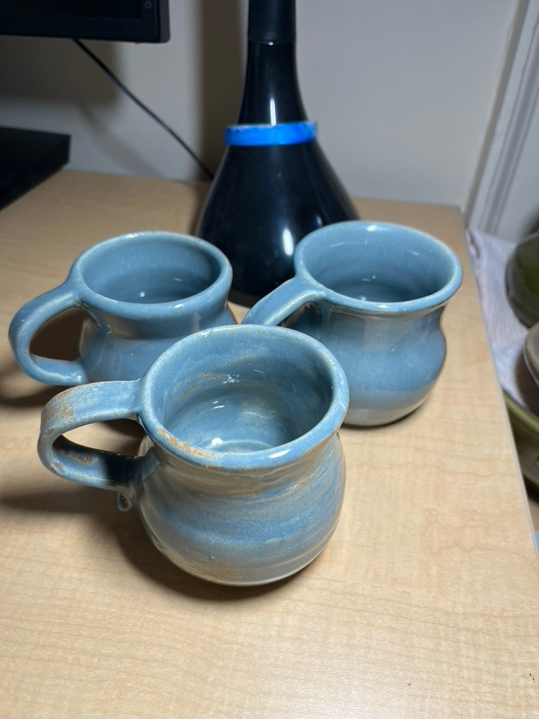 Blue mugs.