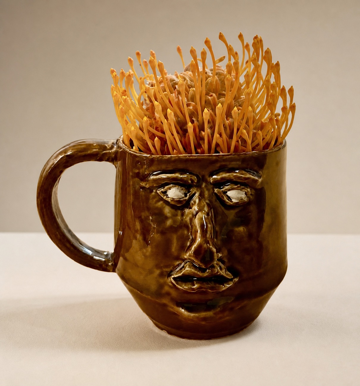 A ceramic face planter with a plant.